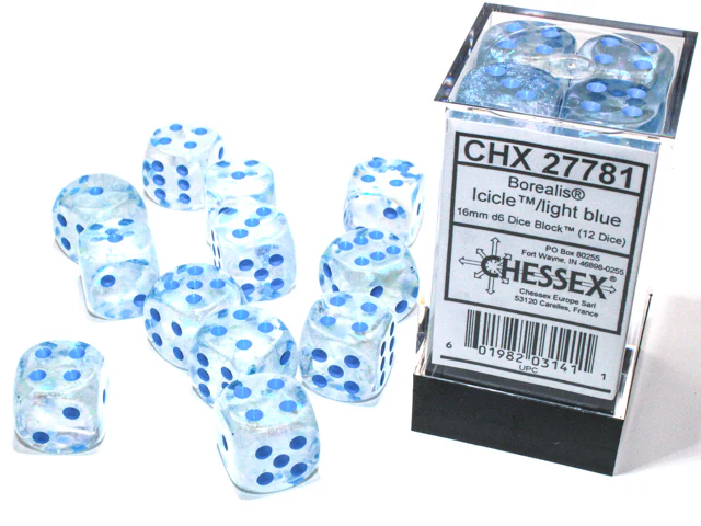 Chessex Borealis Dice - 12 x D6 - 16mm - Icicle/Light Blue