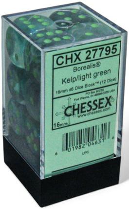 Chessex Borealis Luminary Dice - 12 x D6 - 16mm - Kelp/Light Green