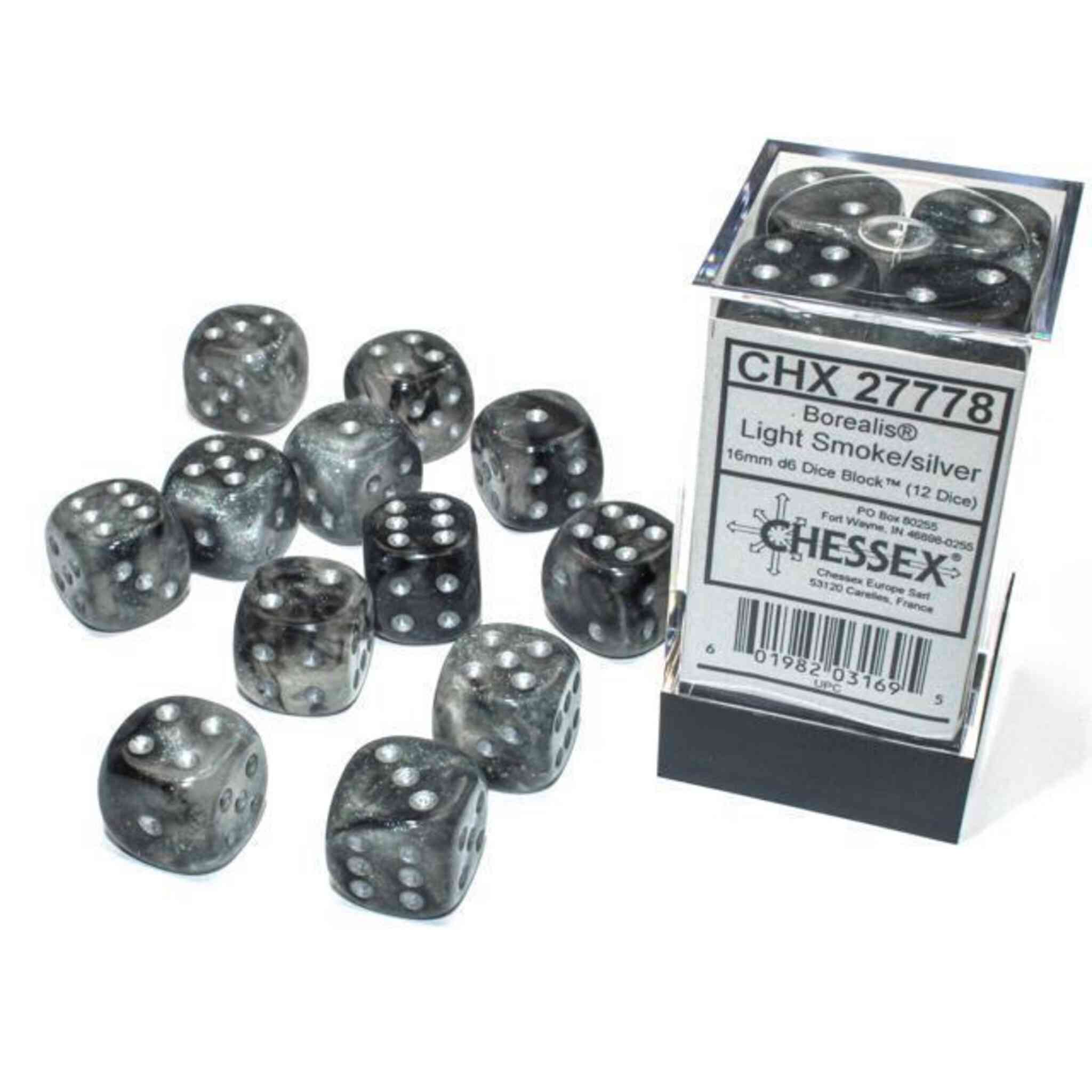 Chessex Borealis Luminary Dice - 12 x D6 - 16mm - Light Smoke/Silver