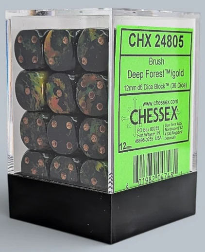 Chessex Brush Dice - 36 x D6 - 12mm - Deep Forest/Gold
