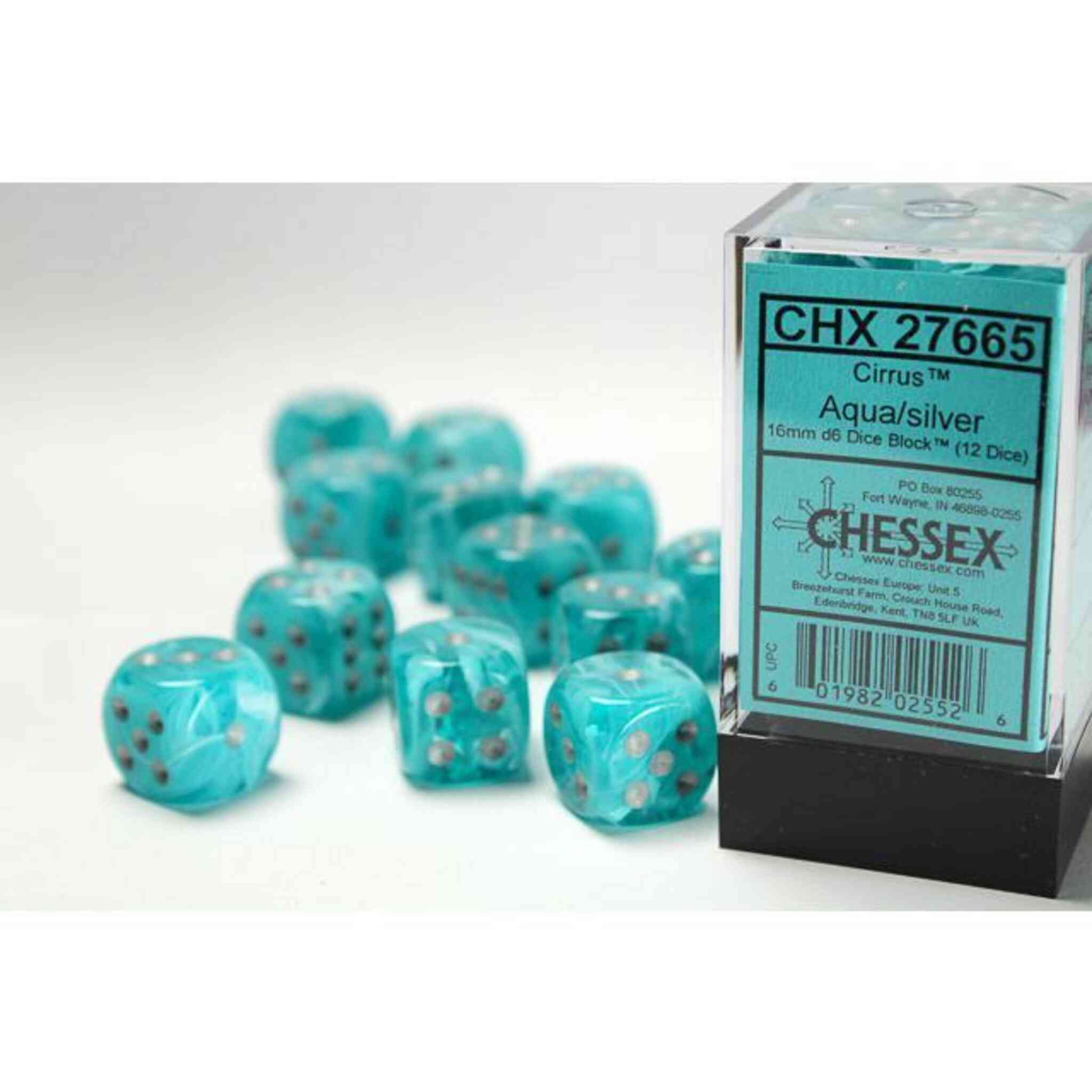 Chessex Cirrus Dice - 12 x D6 - 16mm - Aqua/Silver