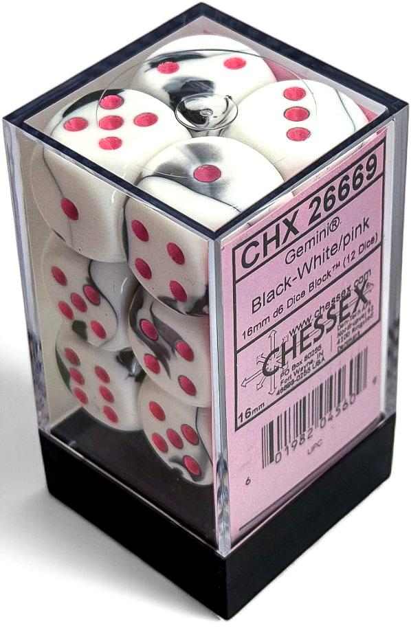 Chessex Gemini Dice - 12 x D6 - 16mm - Black-White/Pink