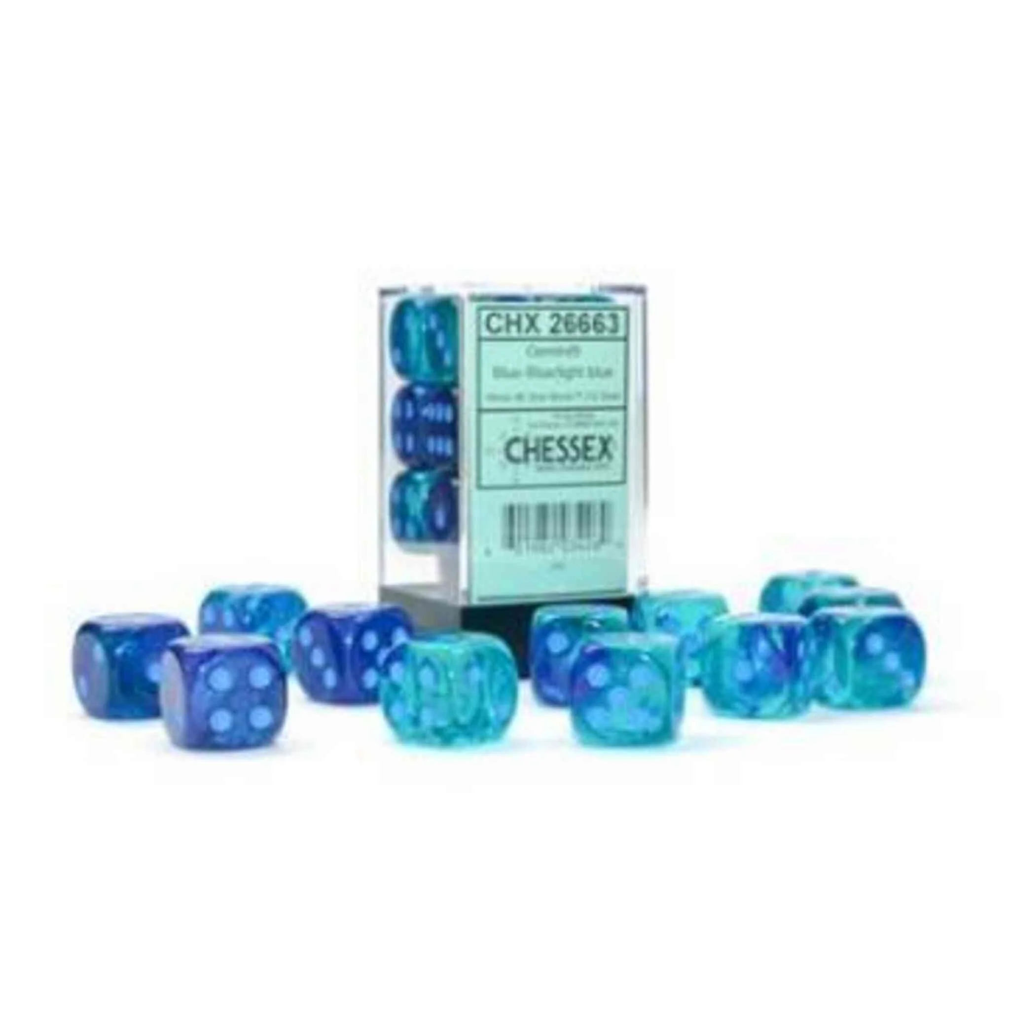 Chessex Gemini Luminary Dice - 12 x D6 - 16mm - Blue-Blue/Light Blue