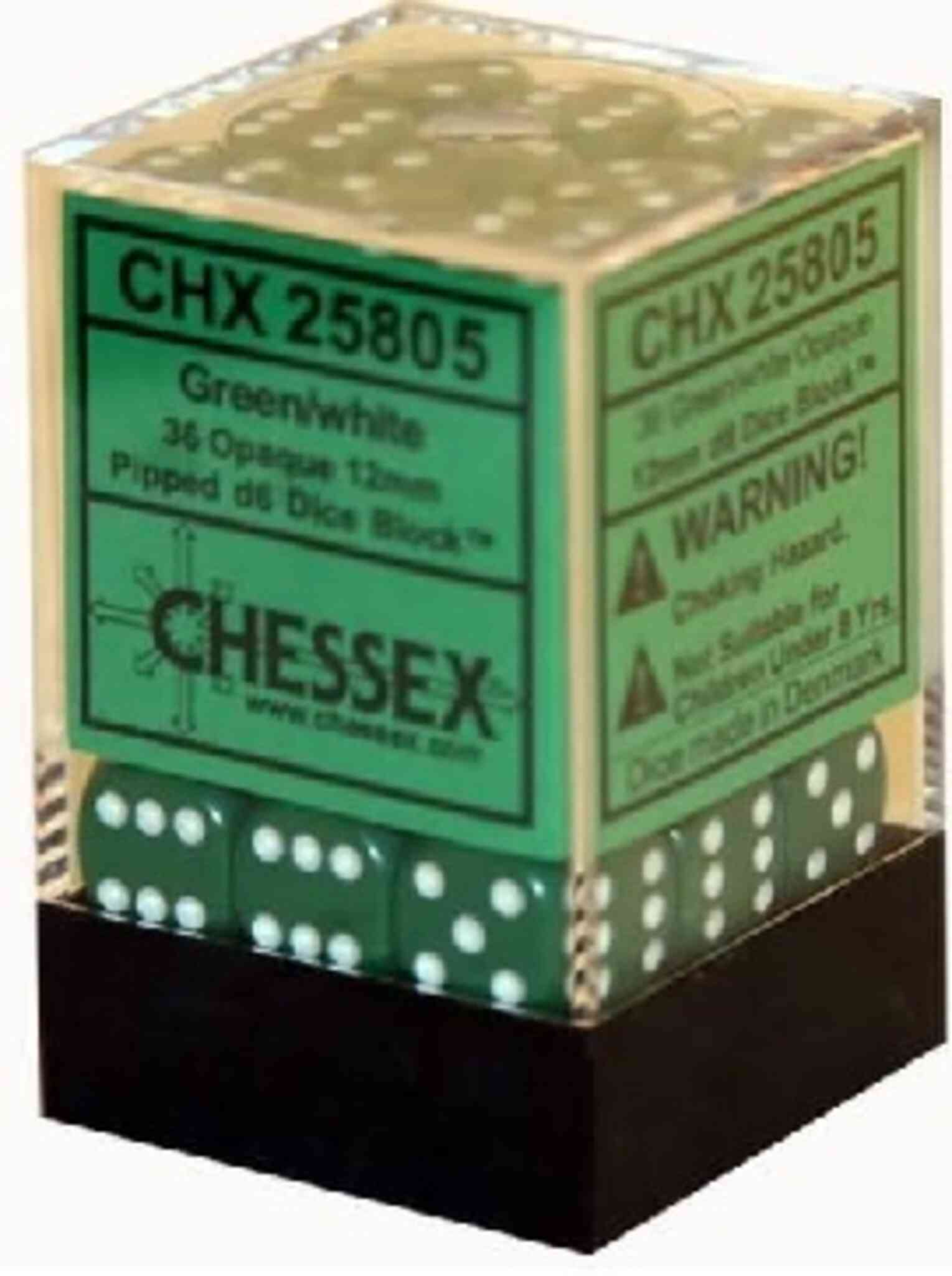 Chessex Opaque Dice - 36 x D6 - 12mm - Green/White