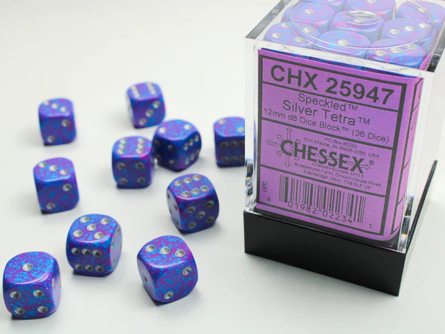 Chessex Speckled Dice - 36 x D6 - 12mm - Silver/Tetra